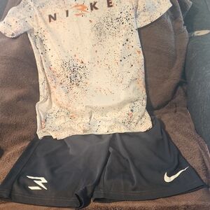 Nike White Splatter Logo Tee with Black Nike Athletic Shorts
